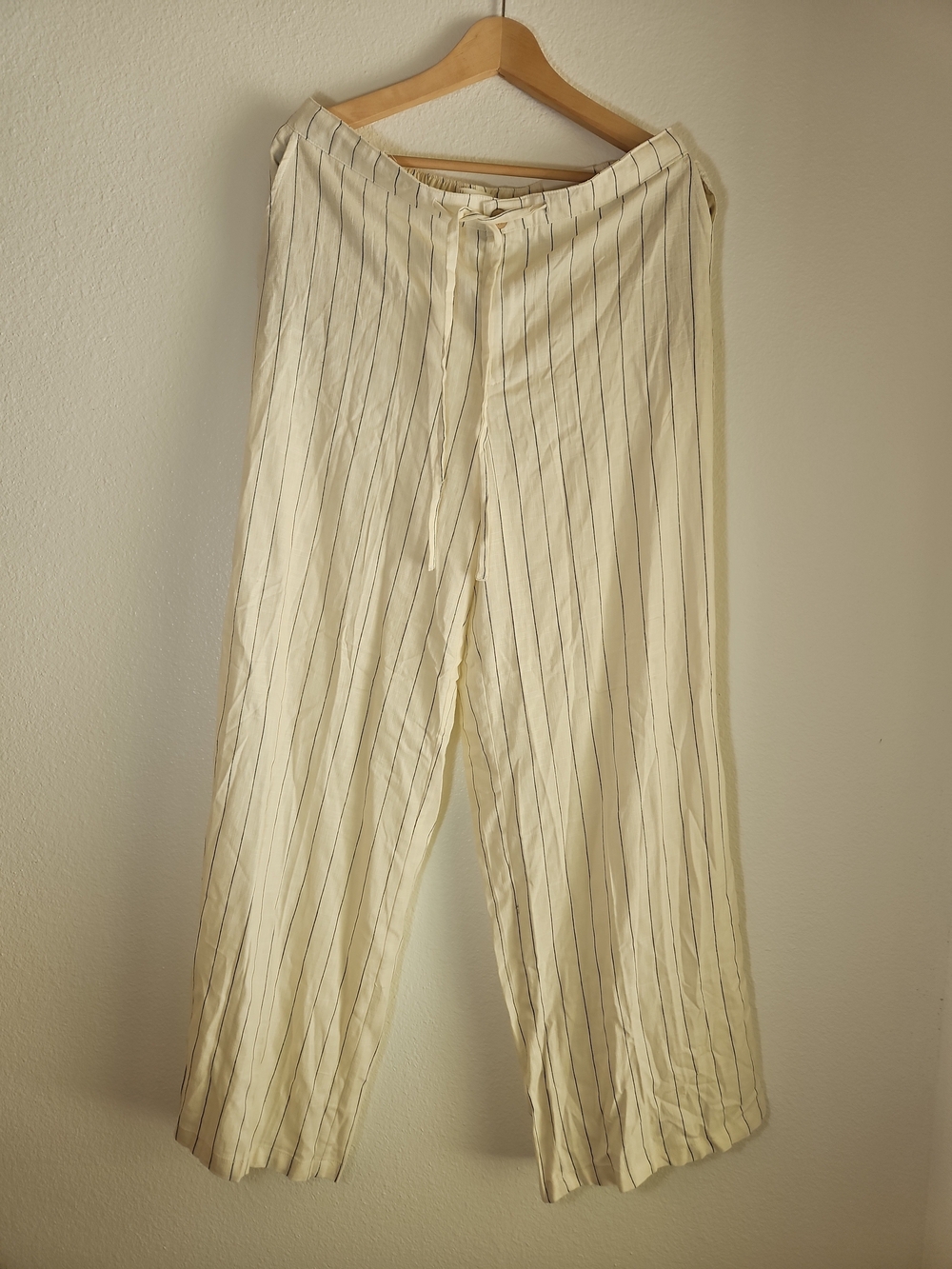 Light Cream Pinstripe Linen Blend Wide-Leg Trouser Pants